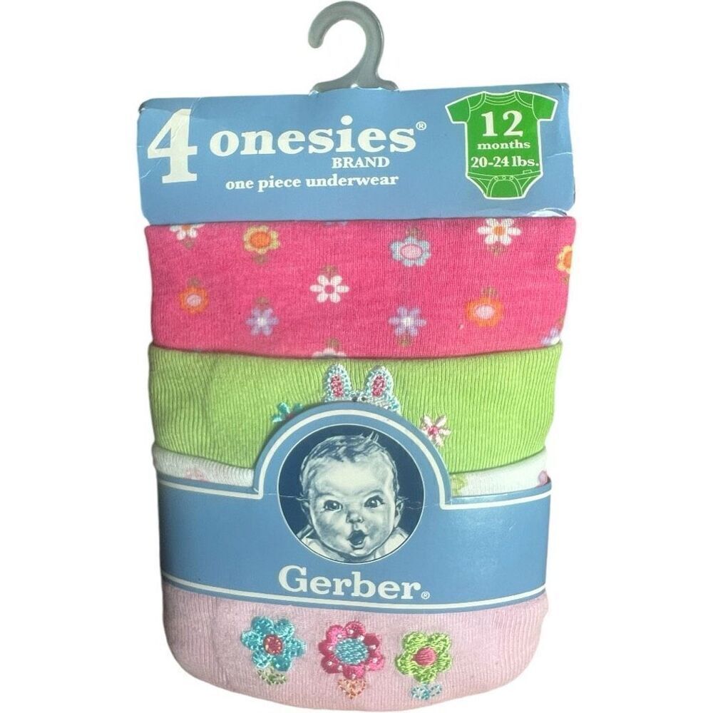 Brand New Baby Girls Gerber 4 Pack of Floral Short Sleeve Bodysuits - Sz 12 mo